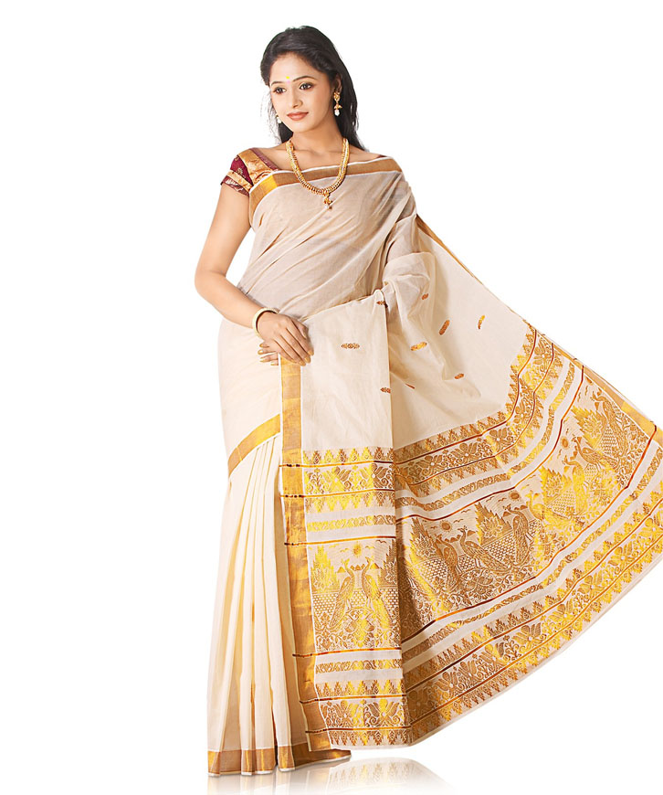 Kerala Saree Golden Peacock
